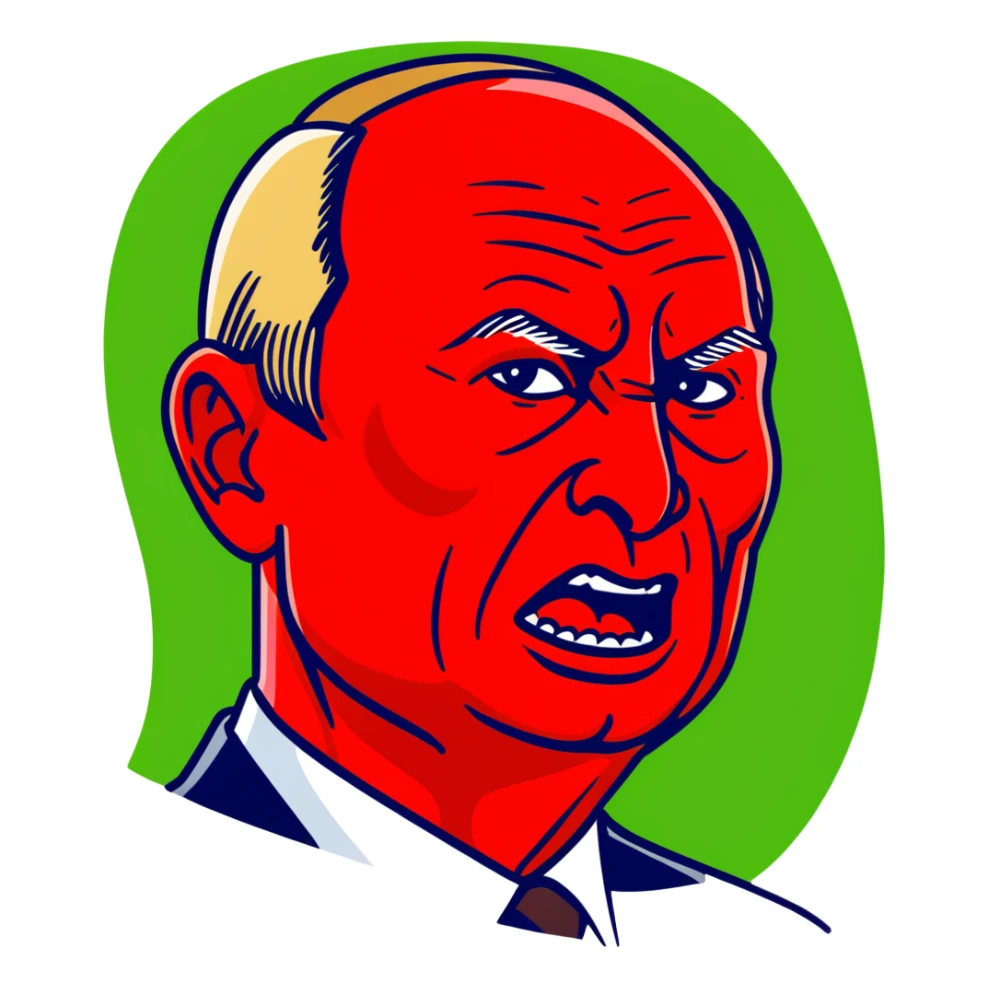 Vladimir Putin face in profile, looking sideways, screaming with intense anger, red face, furious expression sticker
