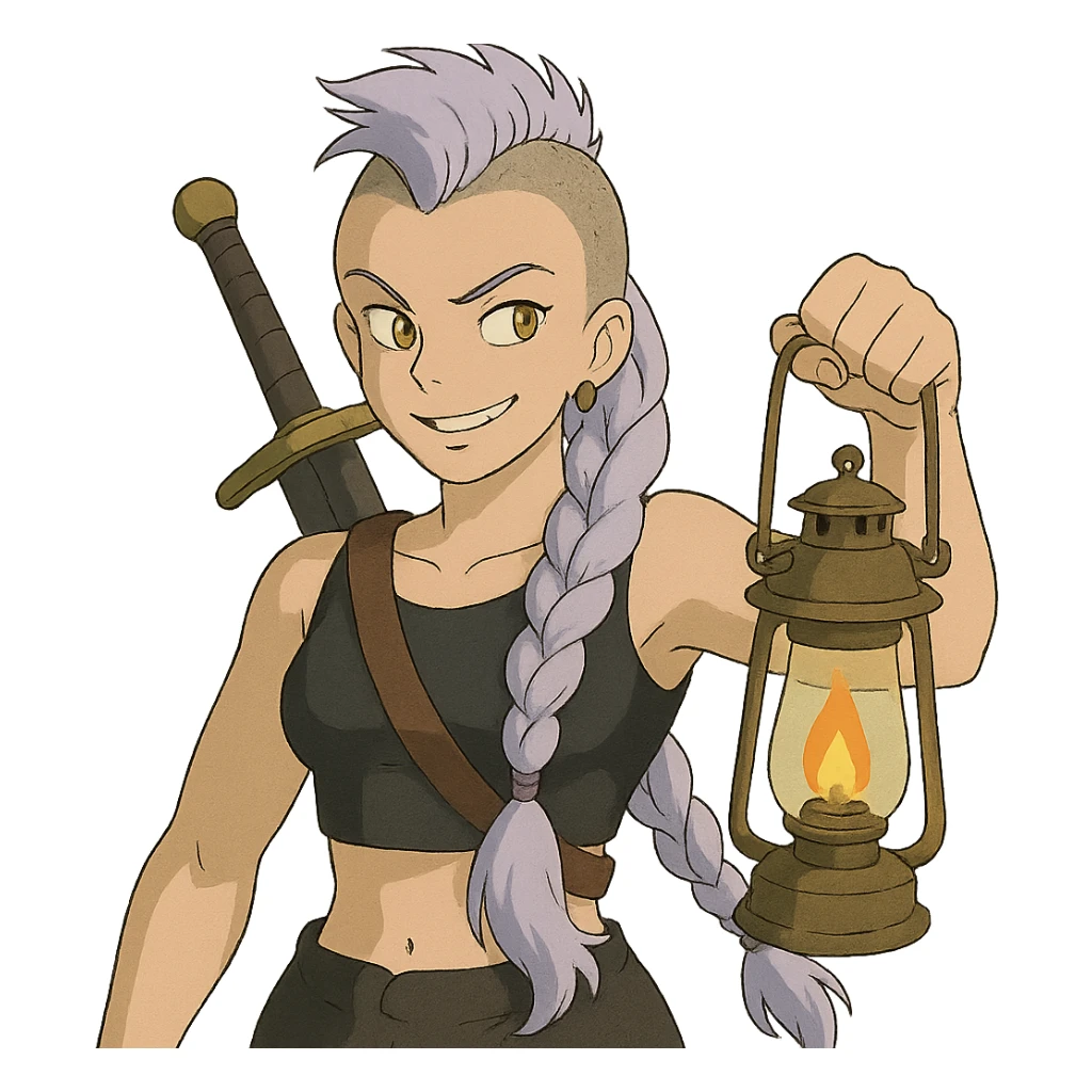 A sword maiden, mohawk, long braid white hair with lavender and tips long l locks cascading to the front, gold yellow eyes, black crop top, brandishing a lantern. Mischievous smirk sticker