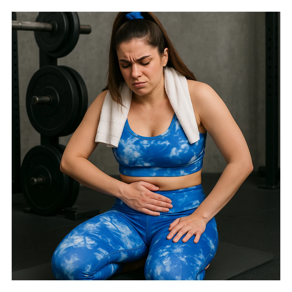 A slender woman in 4K in a gym, interrupting her workout to sit and massage her lower abdomen, expression of discomfort, towel on shoulders, inspired by the reference photo. sticker
