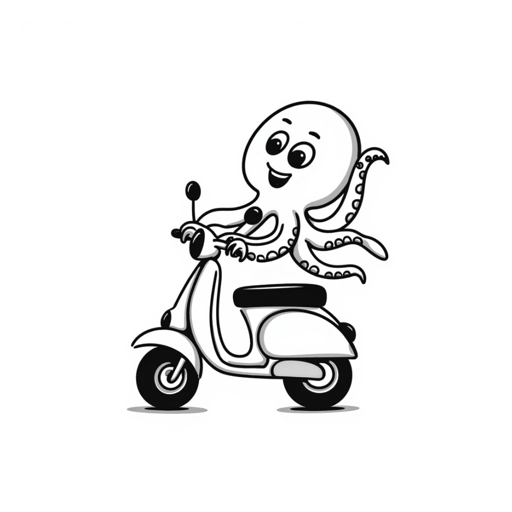 octopus riding a scooter, hand drawn doodle style sticker