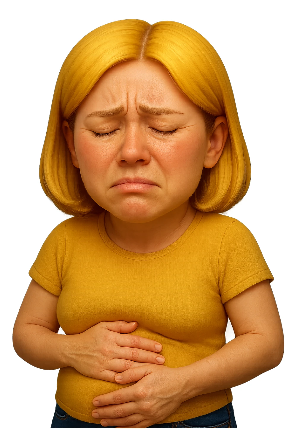 emoji stile iphone di donna con mal di pancia e pancia gonfia, iperrealistico 4k sticker