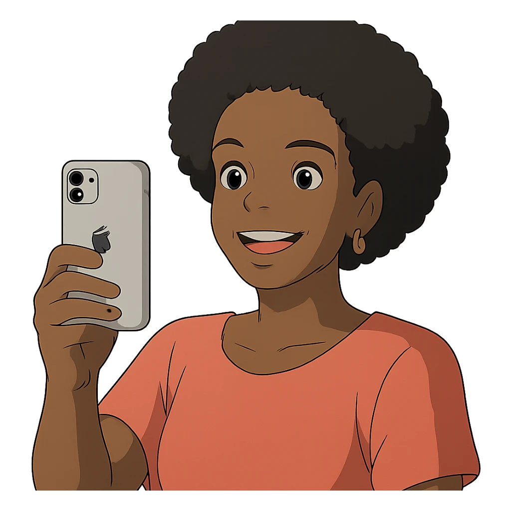 Afro-Caribbean woman smiling, holding iPhone, recording sticker