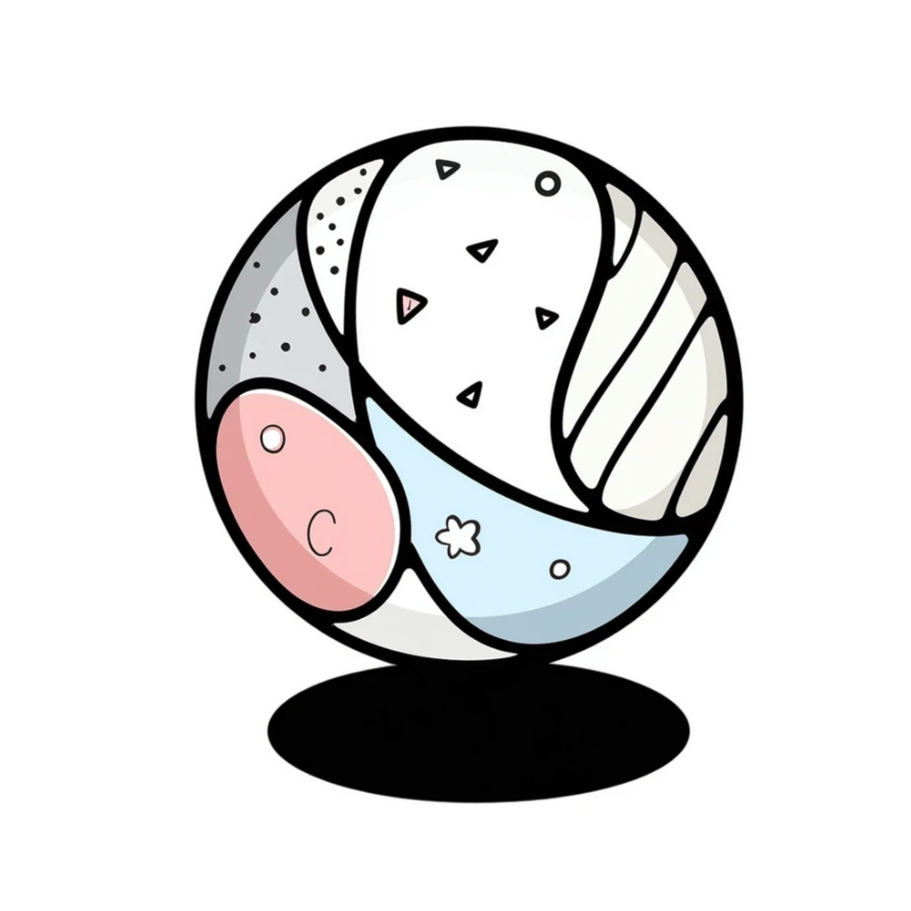 A colorful children's toy ball with patterns in pastel colors (dd9fb0, ffc6d3, a3bfc9, c4bee2, f1b091), hand-drawn doodle style sticker