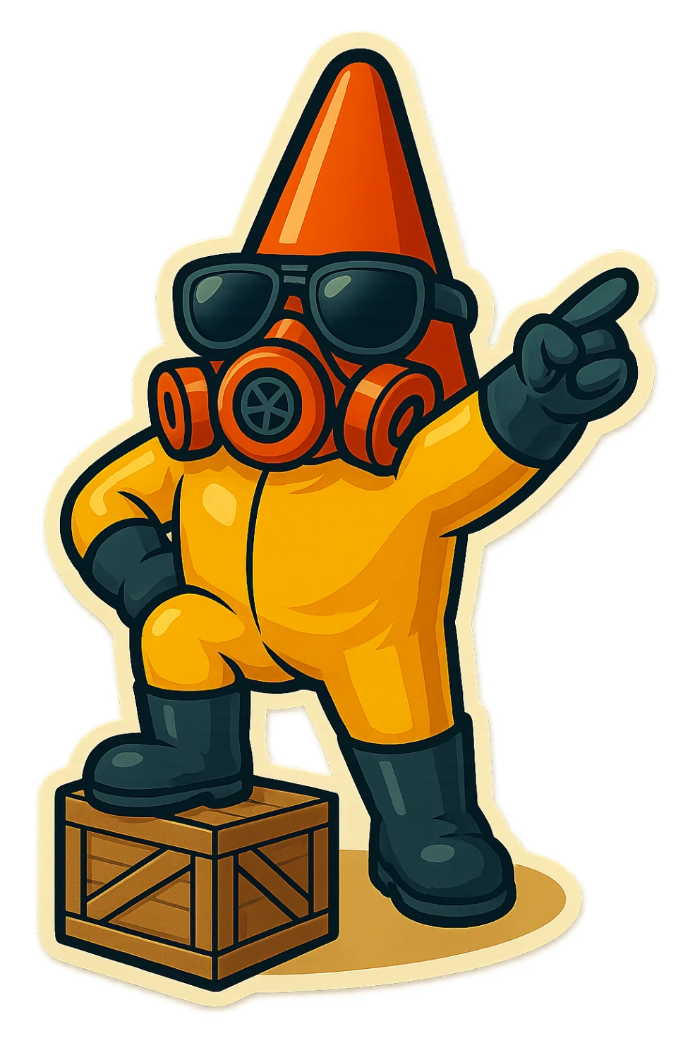 This character in retro sticker style, standing on a crate, rallying a group with an outstretched arm, vibrant and clean with transparent background. sticker