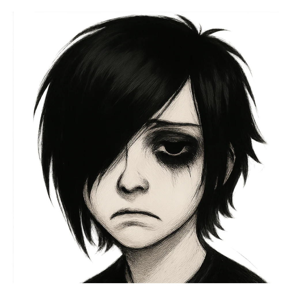 emo face, pale skin, black side-swept bangs, heavy eyeliner, sad expression sticker