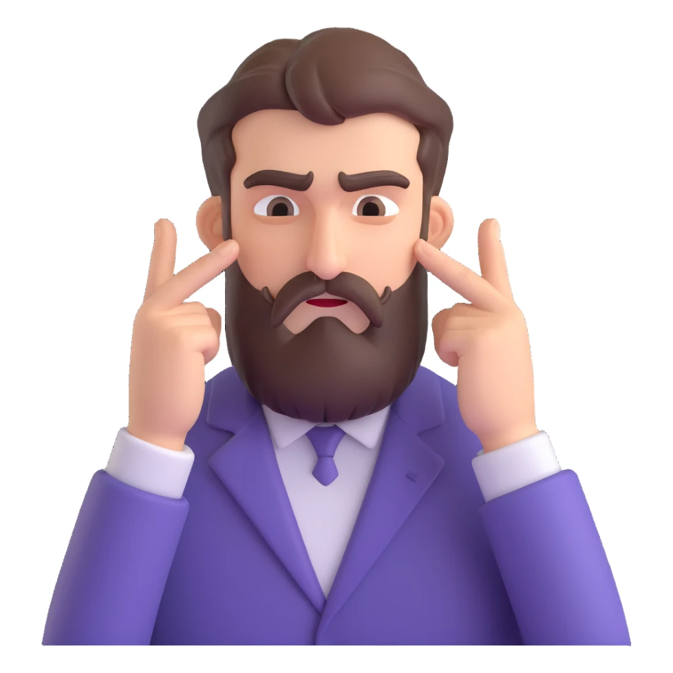 stressed bearded man pressing his temples with index fingers, furrowed brow sticker