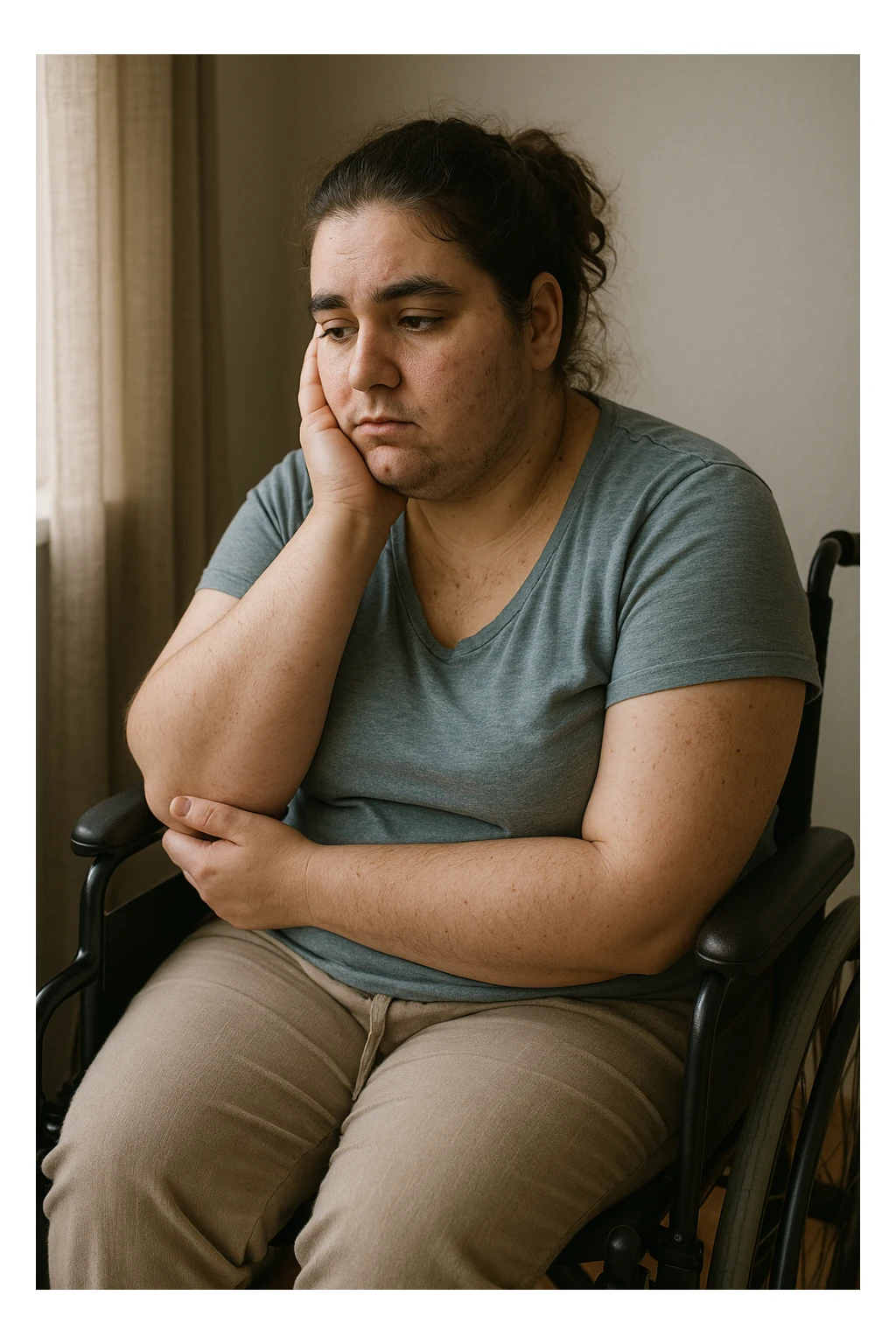 Donna con problemi difficoltà  nella mobilità che si isola a causa della sua PCOS, immagine realistica sticker