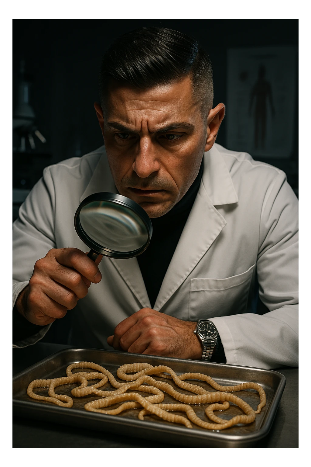 A middle-aged male kinesiologist wearing a pristine white lab coat, intensely analyzing long, beige tapeworms (like Taenia) under a magnifying glass. His expression is focused and slightly concerned, with dramatic studio lighting casting sharp shadows. The parasites are highly detailed, moist, and textured, stretched across a sterile metal tray. The background is blurred but suggests a clinical environment—hints of a microscope, medical charts, and clean lab equipment. The style is hyper-realistic, with a cinematic contrast between the bright white coat and the grotesque, organic forms of the parasites. No sci-fi elements, just raw medical realism with a disturbing edge sticker