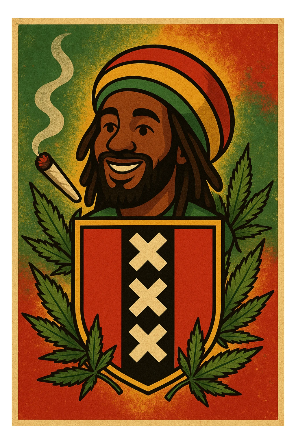 Create a digital illustration of a Rasta man with a friendly expression, wearing a red, gold, and green tam (Rastafarian hat), with dark brown skin and dreadlocks. Place him inside a bold, stylized Amsterdam coat of arms flag. The flag should have red, black, and gold tones with three white Xs in a vertical black stripe in the center. Surround the coat of arms with vibrant green cannabis leaves, a smoking spliff with rising smoke on the left side, and a textured reggae-colored background blending green, gold, and red. The style should be vintage, bold, and clean — like a high-quality reggae poster with modern emoji art flair. sticker
