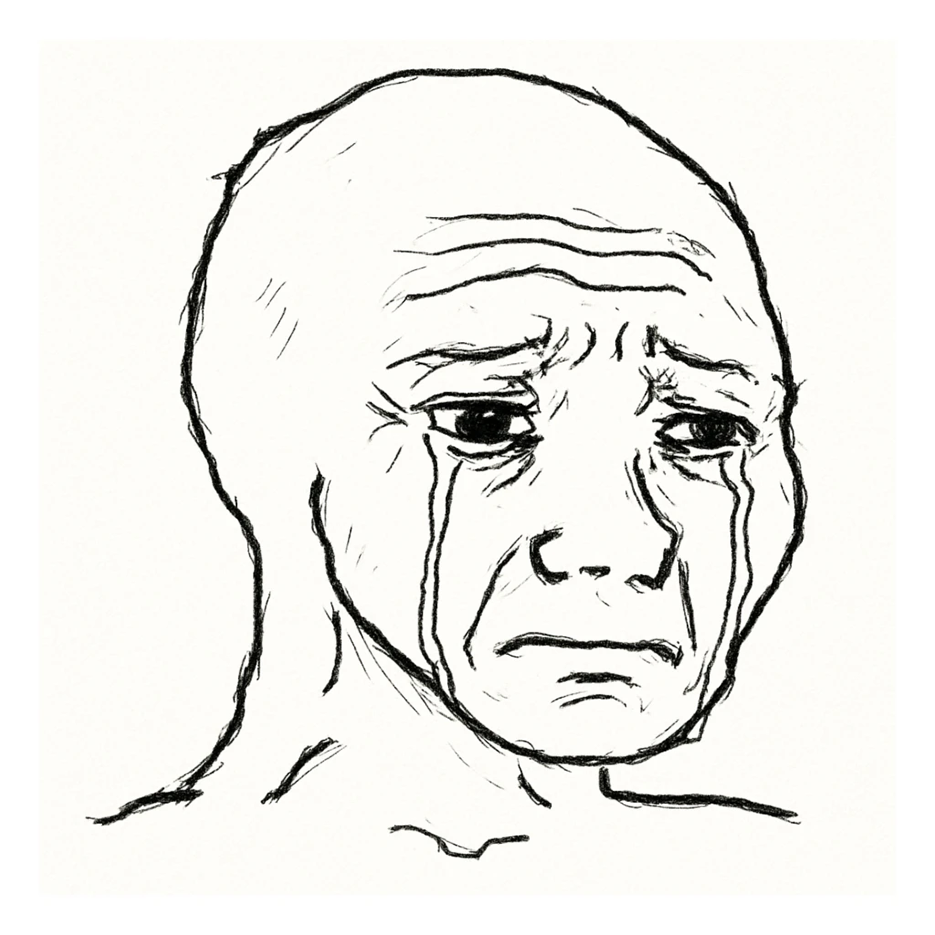 Wojak meme face, sad expression, tears streaming down, simple line art sticker