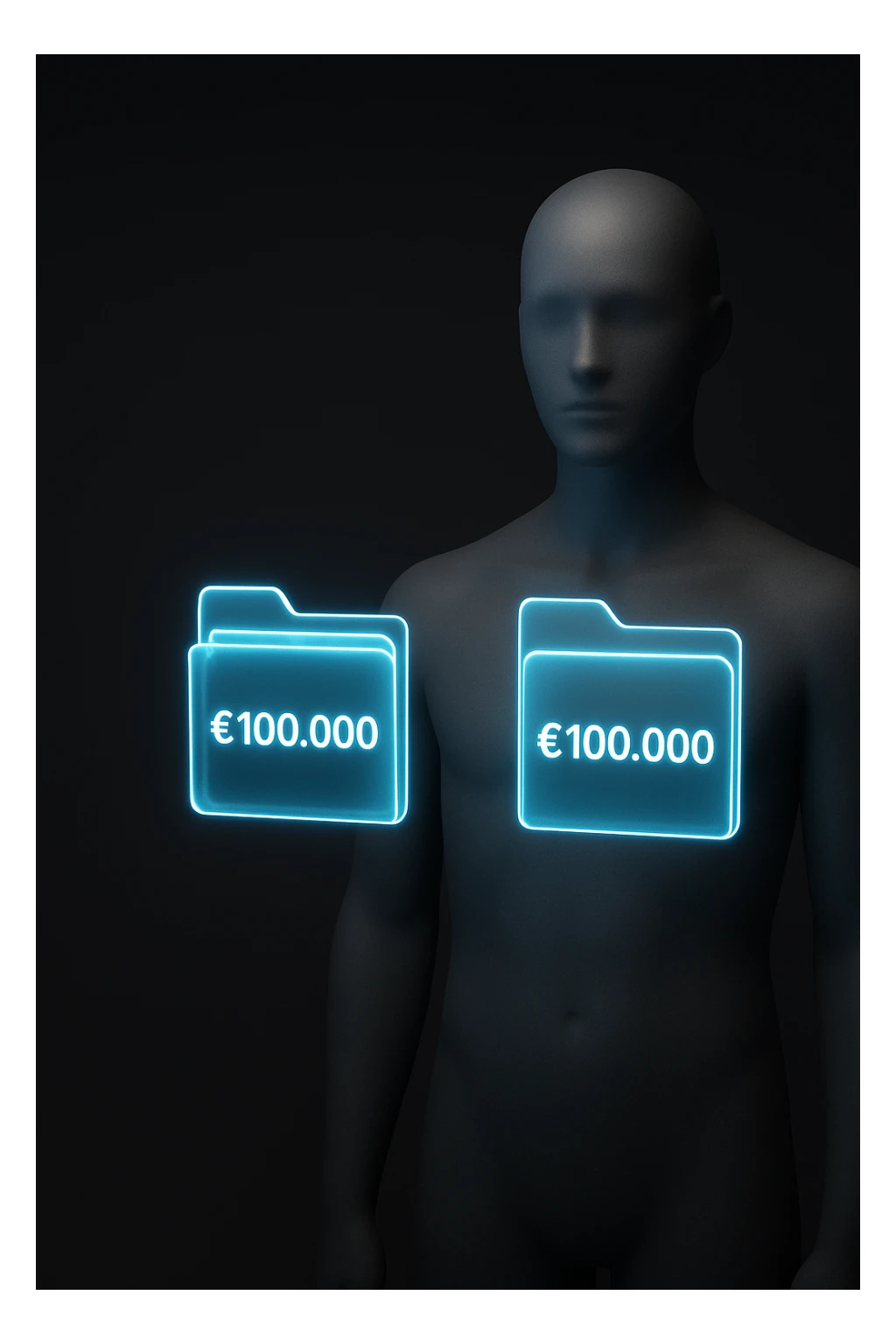 Two glowing transparent digital portfolios (futuristic floating folders) hovering in front of a mannequin. Each labeled with €100,000. Minimal dark background with left side empty for text overlay. sticker
