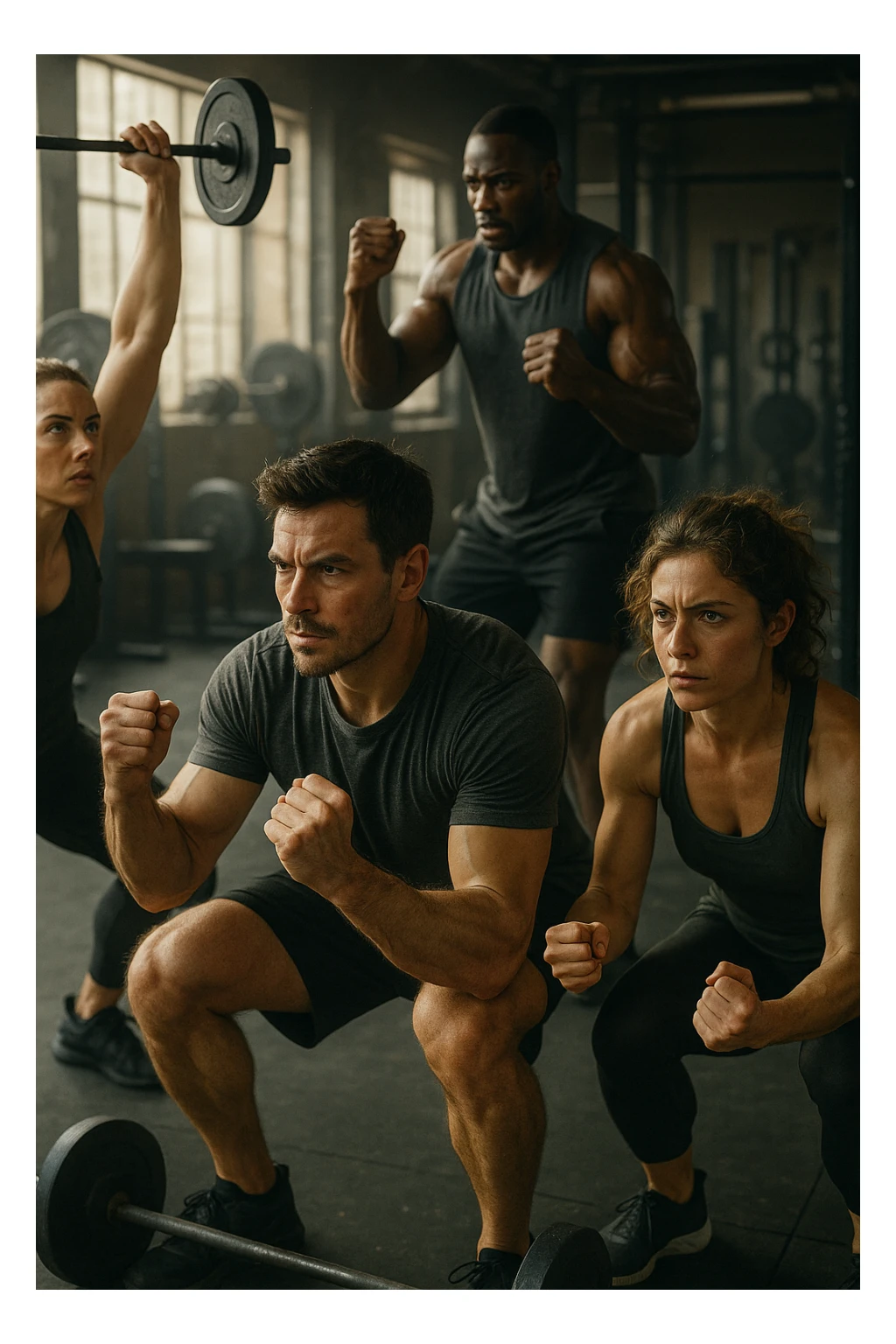 realistic and cinematic style, inspirational atmosphere, expressive details, people imagining training with weights, 2:3 aspect ratio sticker