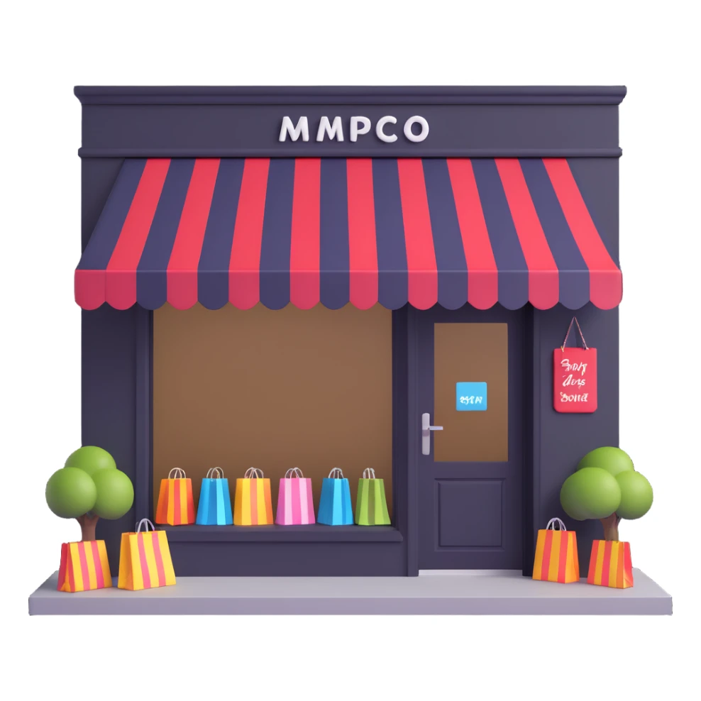 friendly storefront with striped awning and shopping bags at the entrance, pastel colors sticker