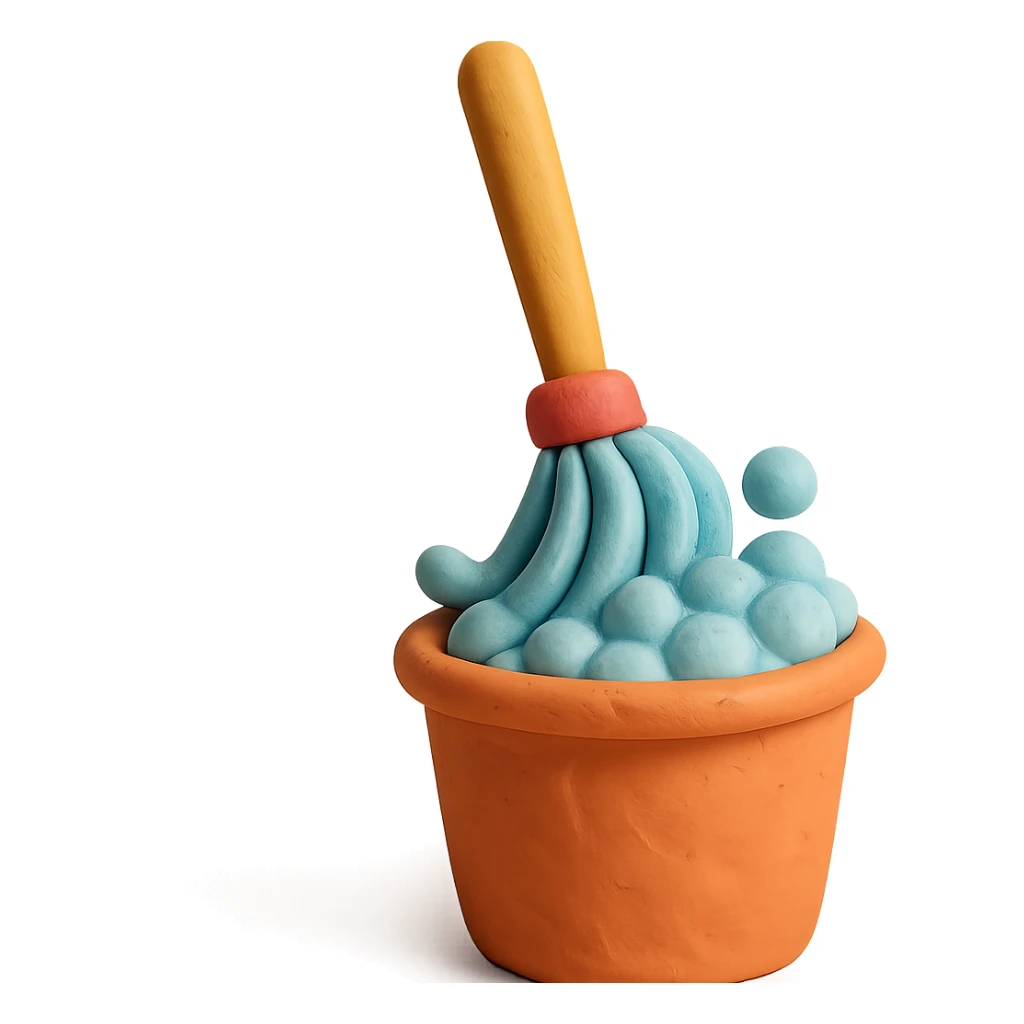 mop inside a bucket with soapy bubbles, playful arrangement, pastel palette, claymation style sticker