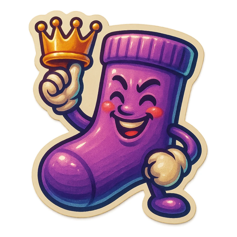 A purple sock with a victorious face, holding a crown, representing victory or achievement. sticker