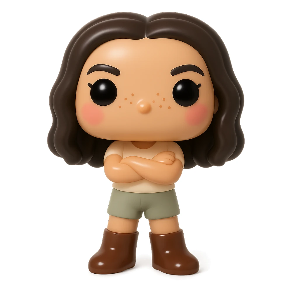 Funko Pop style vinyl figure, enhanced version: superior quality, smooth tanned skin, detailed dark hair, textured clothing with cream top and greige bottoms, dark greige leather boots clearly visible, arms crossed, rosy cheeks, very discreet freckles, mischievous and cheerful expression, no mouth, transparent background. sticker