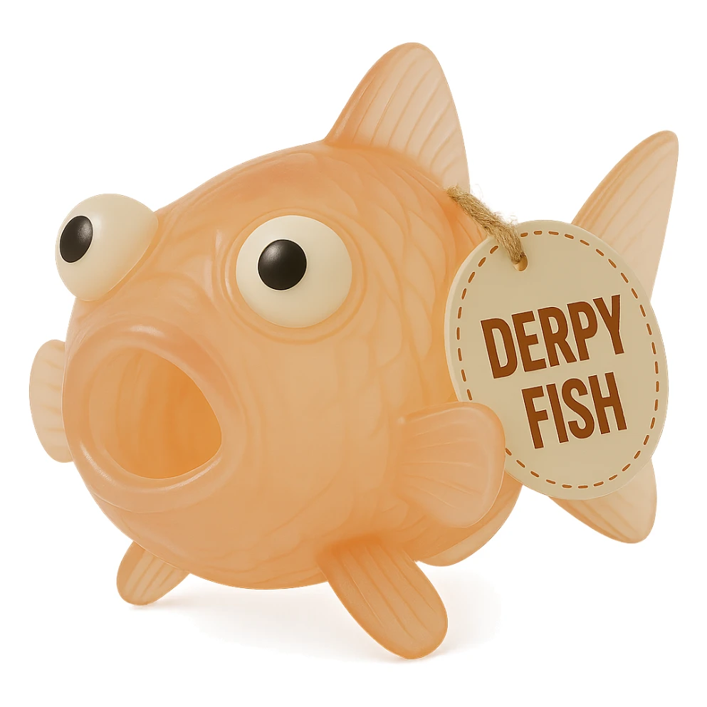 Make the bright orange clownfish Derpy Fish even more transparent and see-through than before. Keep the derpy eyes, retro 90's toy look, hyper-detailed, soft plastic, soft reflections, soft and squishy texture, some cloudiness, not shiny, highly detailed, appealing, and the 'DERPY FISH' tag. The background must remain completely empty and gone. Maintain the overall style and appearance as a transparent, soft plastic toy fish with a retro 90's vibe. sticker