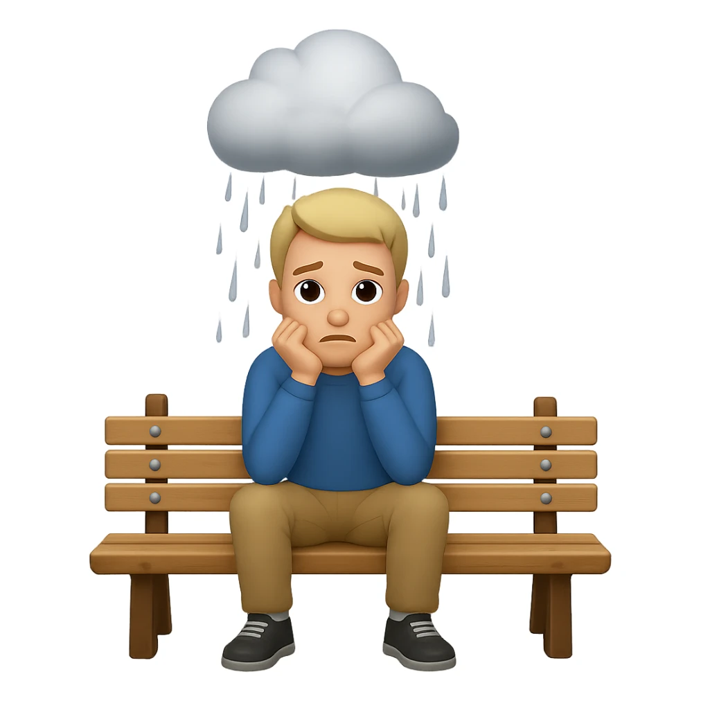 Add a rain cloud above the man. Keep the background transparent. The style should maintain the original look of the image. sticker