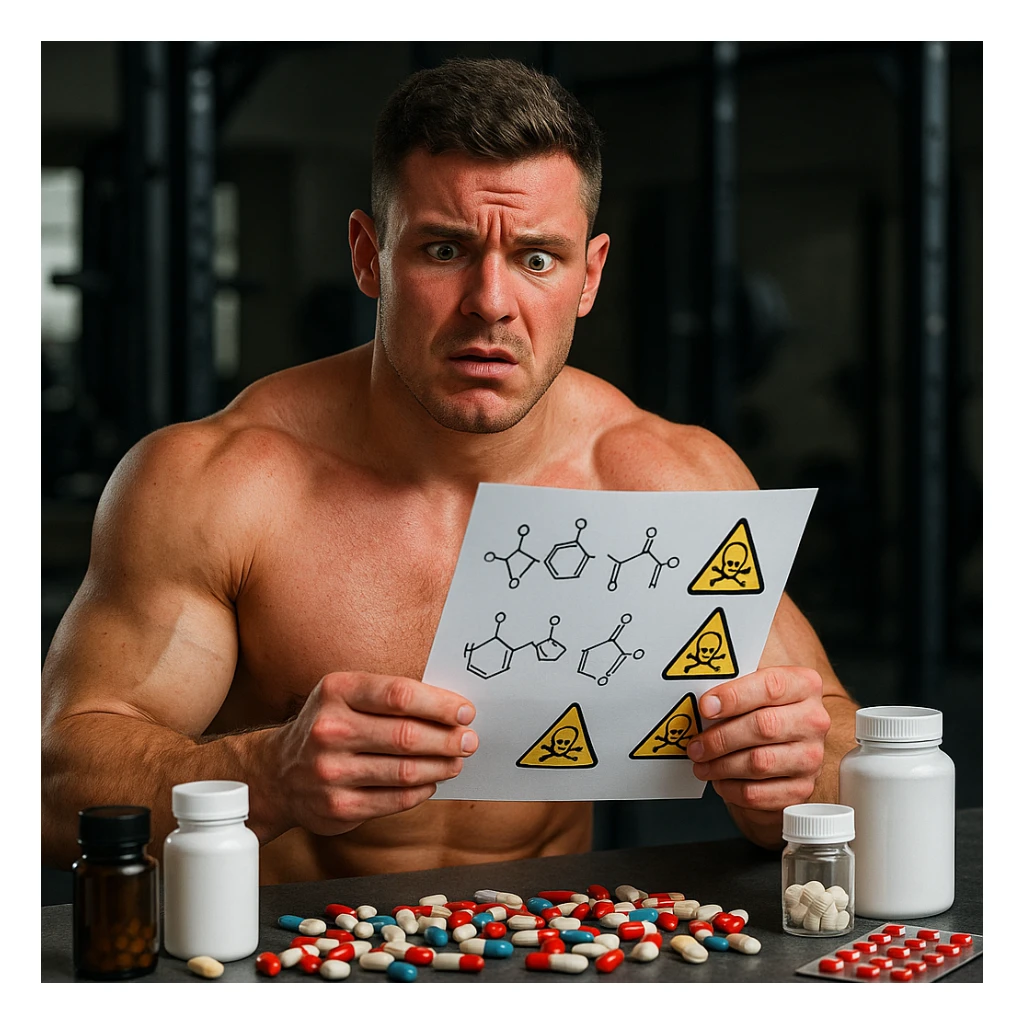 realistic muscular young man consulting molecule list with warning symbols, surrounded by pills and bottles, confused expression, red skin, gym background, 4K quality sticker
