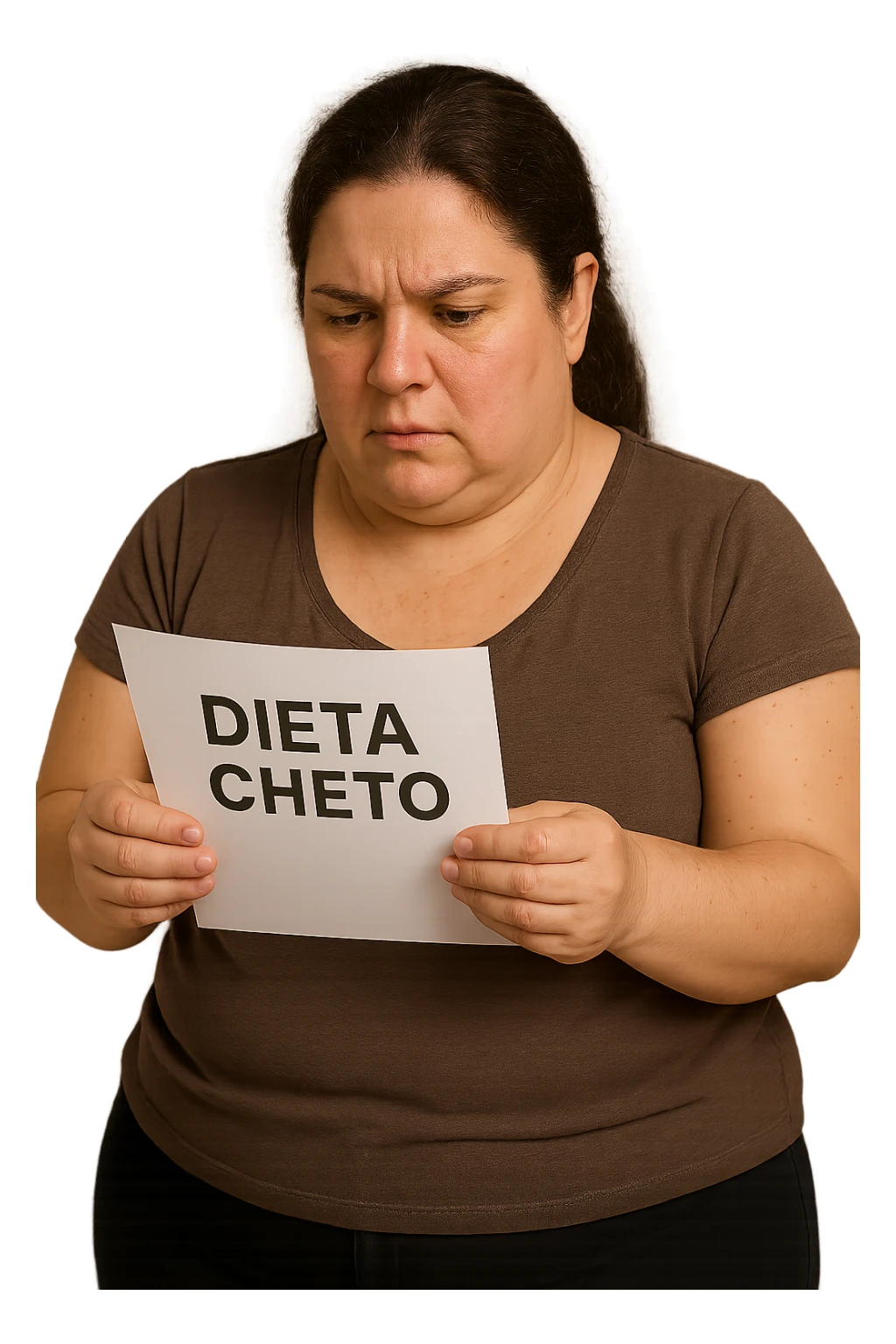 donna realistica leggermente in sovrappeso che legge un foglio con la scritta "dieta Cheto", sfondo bianco, iperrealistica 4k, IPERREALISTICA 4K sticker