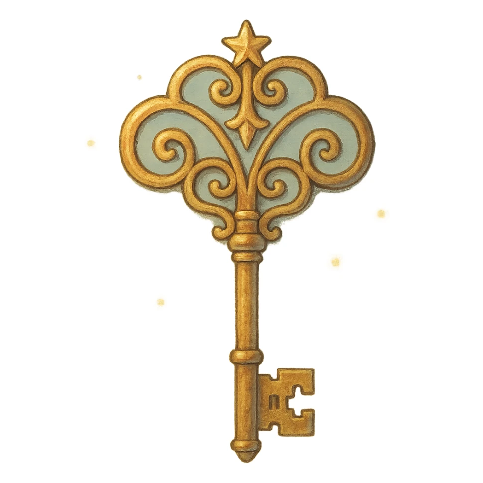 magical key with ornate details, dreamy lighting, soft painterly textures, whimsical and enchanting sticker