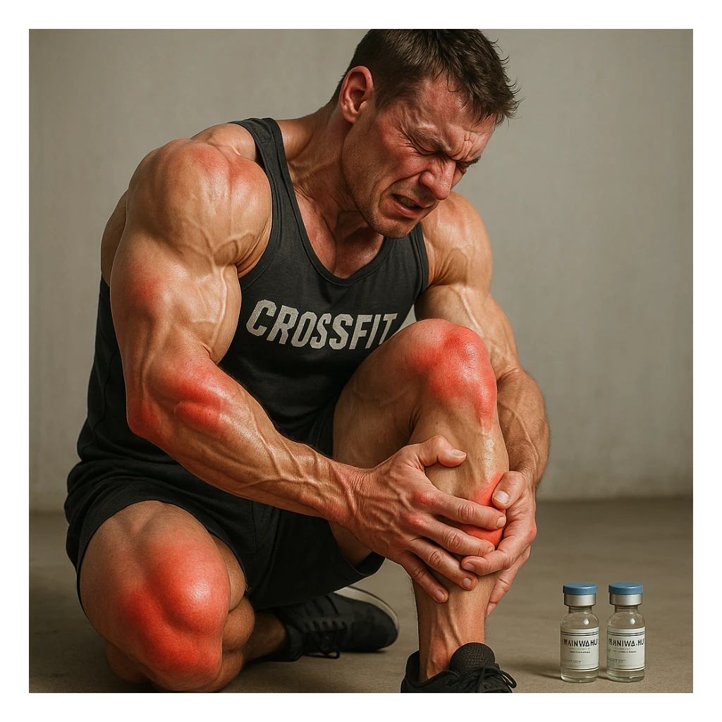 realistic and anatomical crossfit athlete with swollen and reddened joints, detailed muscles, painful posture, vials of 'Stanozololo' nearby, natural light, neutral background sticker