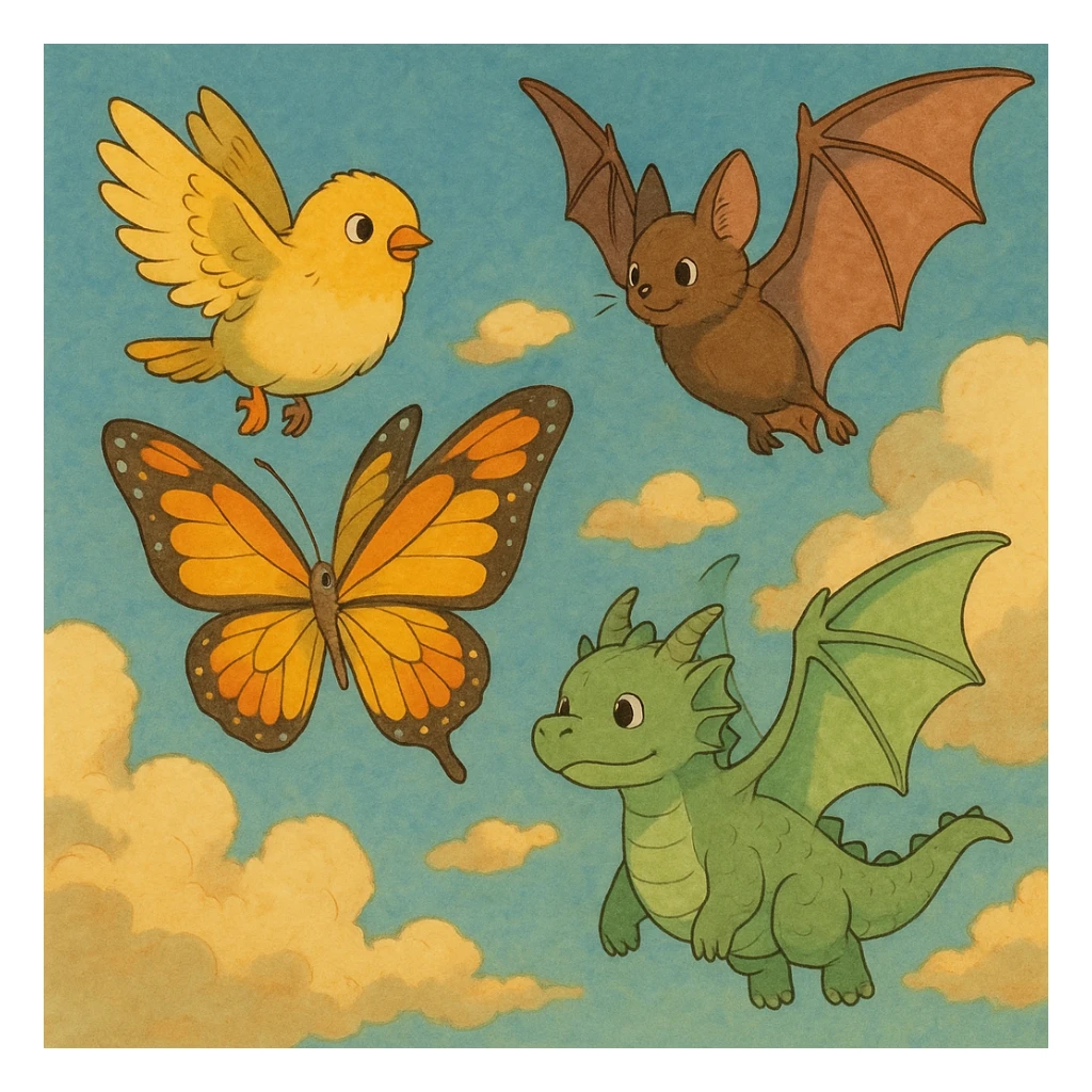 a whimsical collection of animals with wings including a bird, bat, butterfly, and dragon in ghibli style sticker