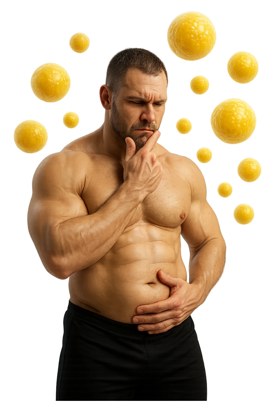 bodybuilder che si tocca la pancia con espressione pensierosa in volto, cellule di grasso gialle (adipociti) fluttuano dietro di lui, iperrealistico 4k sticker