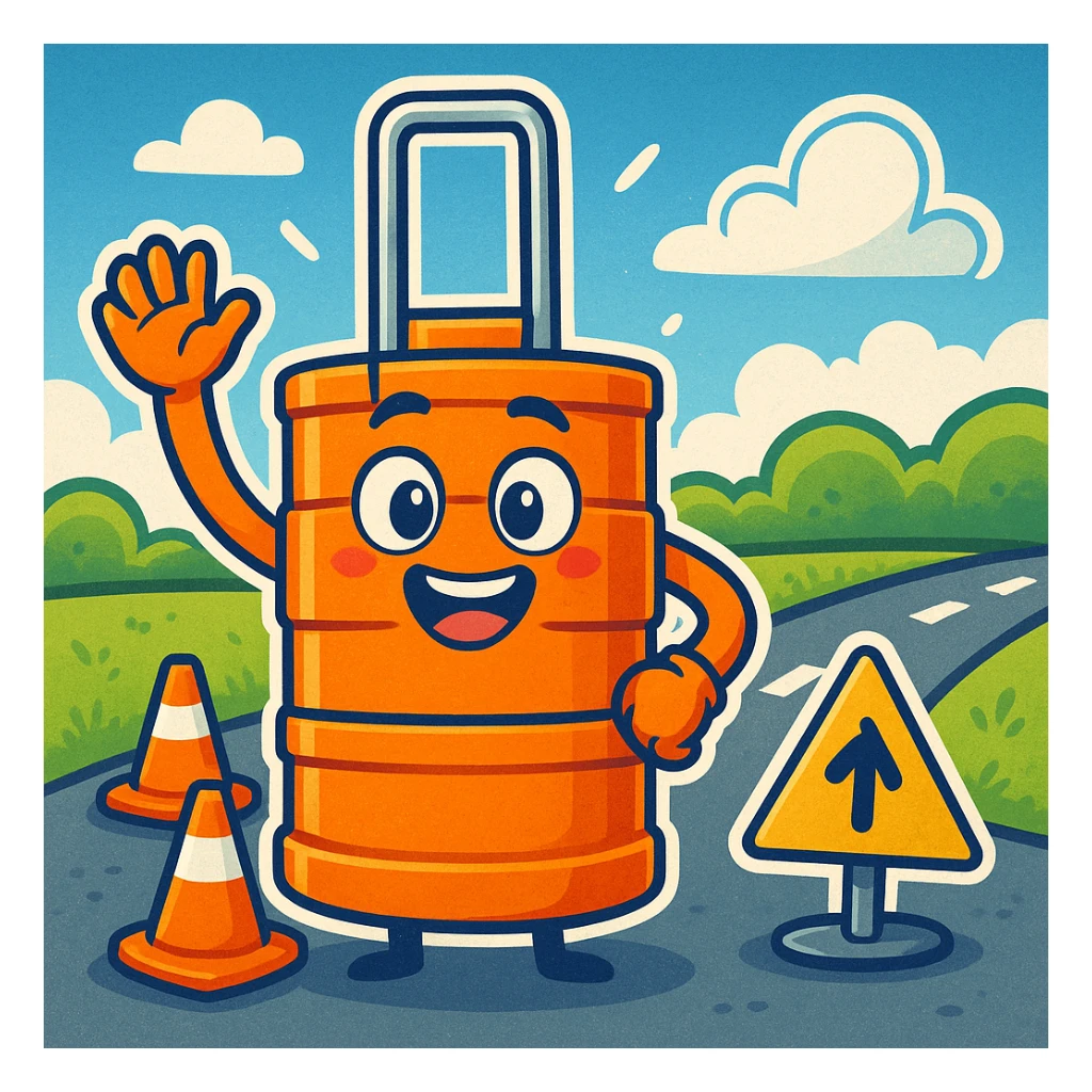 Make a fun cartoon scene with the orange road construction barrel as the main character. Add a bright, playful background with a road, some traffic cones, and a blue sky with clouds in the style of cartoonish stickers. sticker