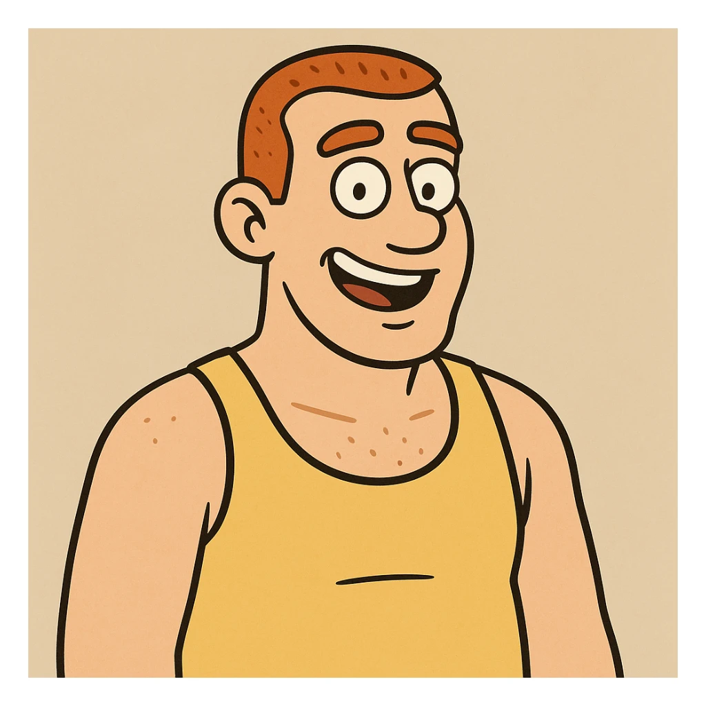 redhead man with a buzz cut in a yellow tank top, smiling, casual pose, simple background sticker
