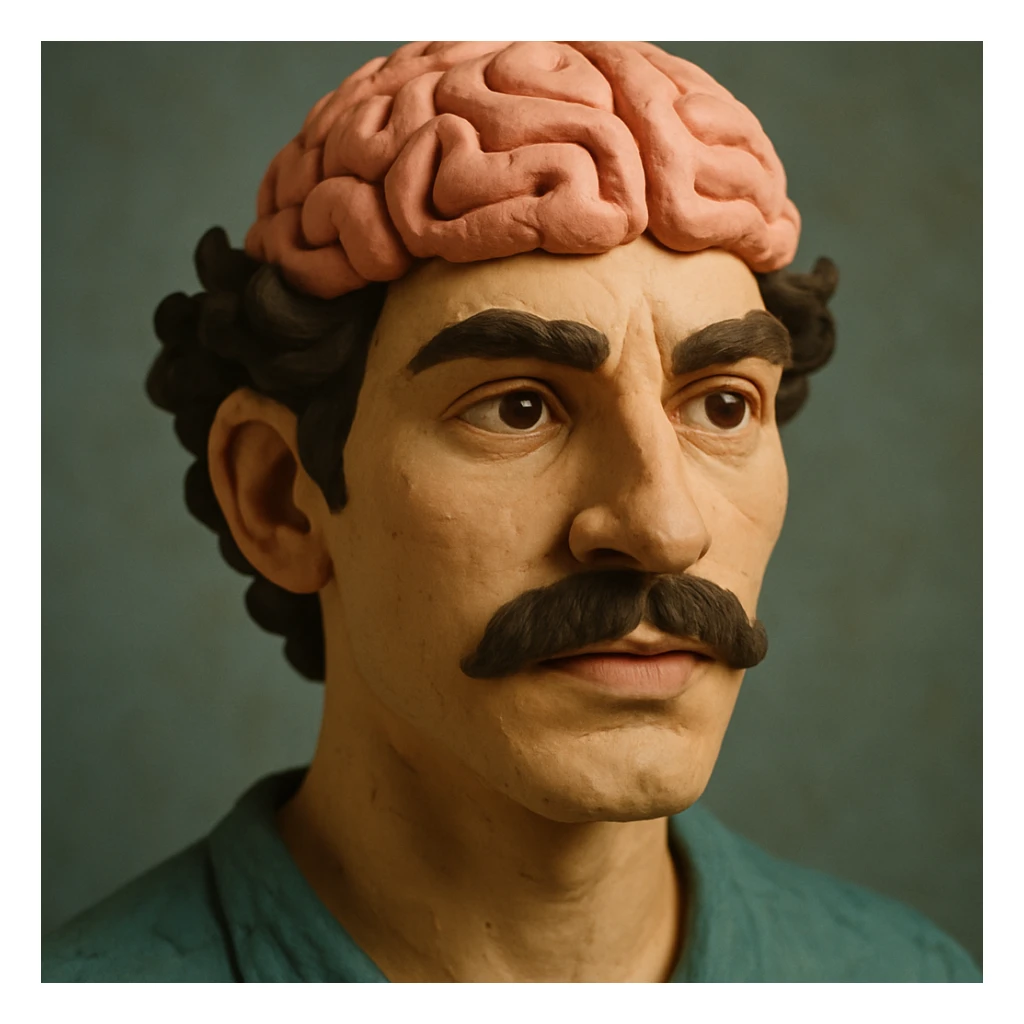 Enhance the claymation man wearing a brain by adding more depth and dimension to the image. Make him more attractive, inspired by the first version, with dark curly hair, thick mustache, light skin, claymation style, visible fingerprints, and pastel colors. sticker