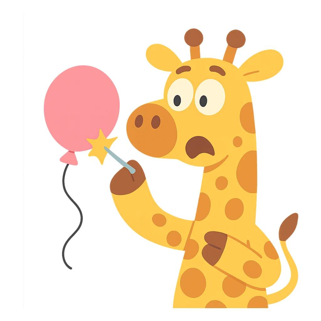 giraffe popping balloon in surprise expression, pastel-toon style sticker