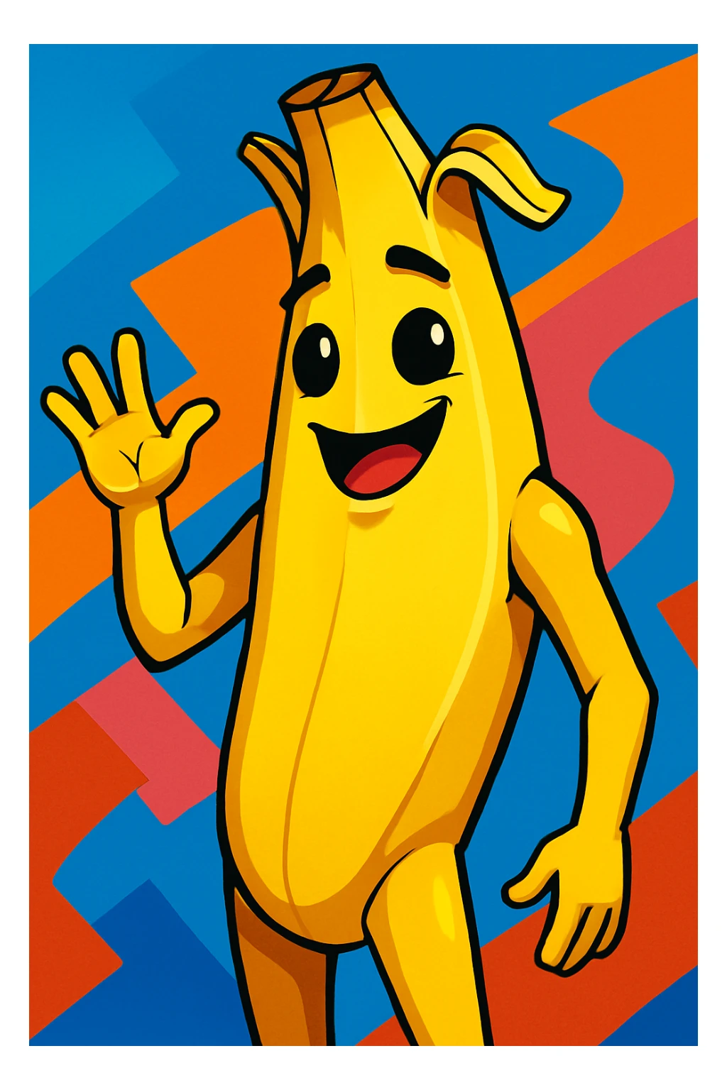 Fortnite skin Peely, anthropomorphic banana, playful expression, vibrant toon style sticker