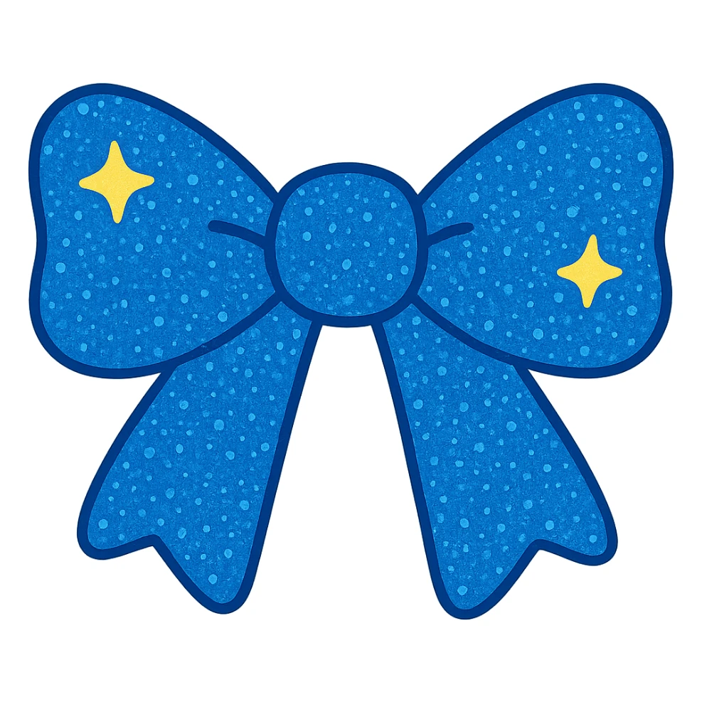 Make the sparkling bow blue with glitter details, playful and stylish, no background. The style should emphasize the playful and stylish glitter details with a vibrant blue color, maintaining a sparkling and fun look. sticker