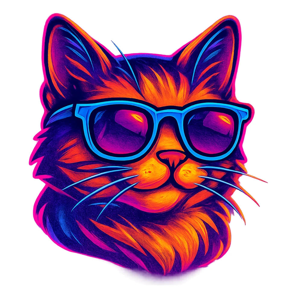cat with sunglasses with neon glow, vibrant toon style sticker