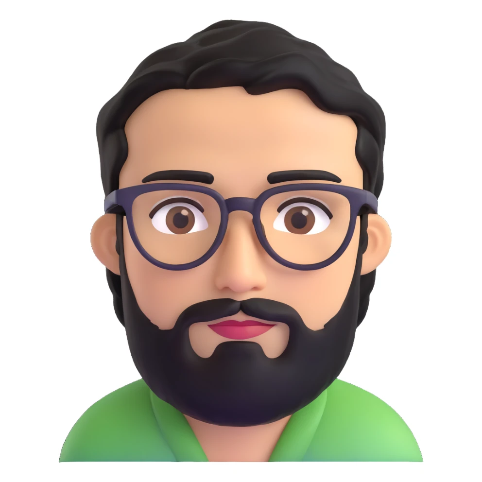 man with medium black beard, black hair, connected eyebrows, olive tan skin, brown eyes, and glasses sticker