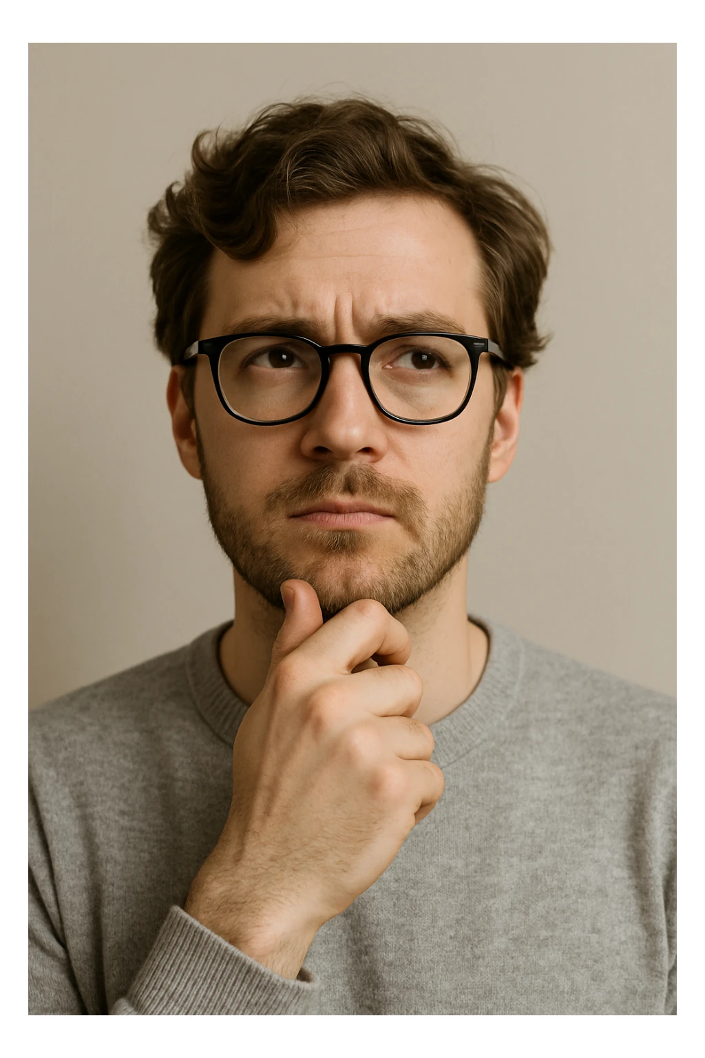 white male with glasses and brown wavy hair, looking thoughtful, simple background sticker