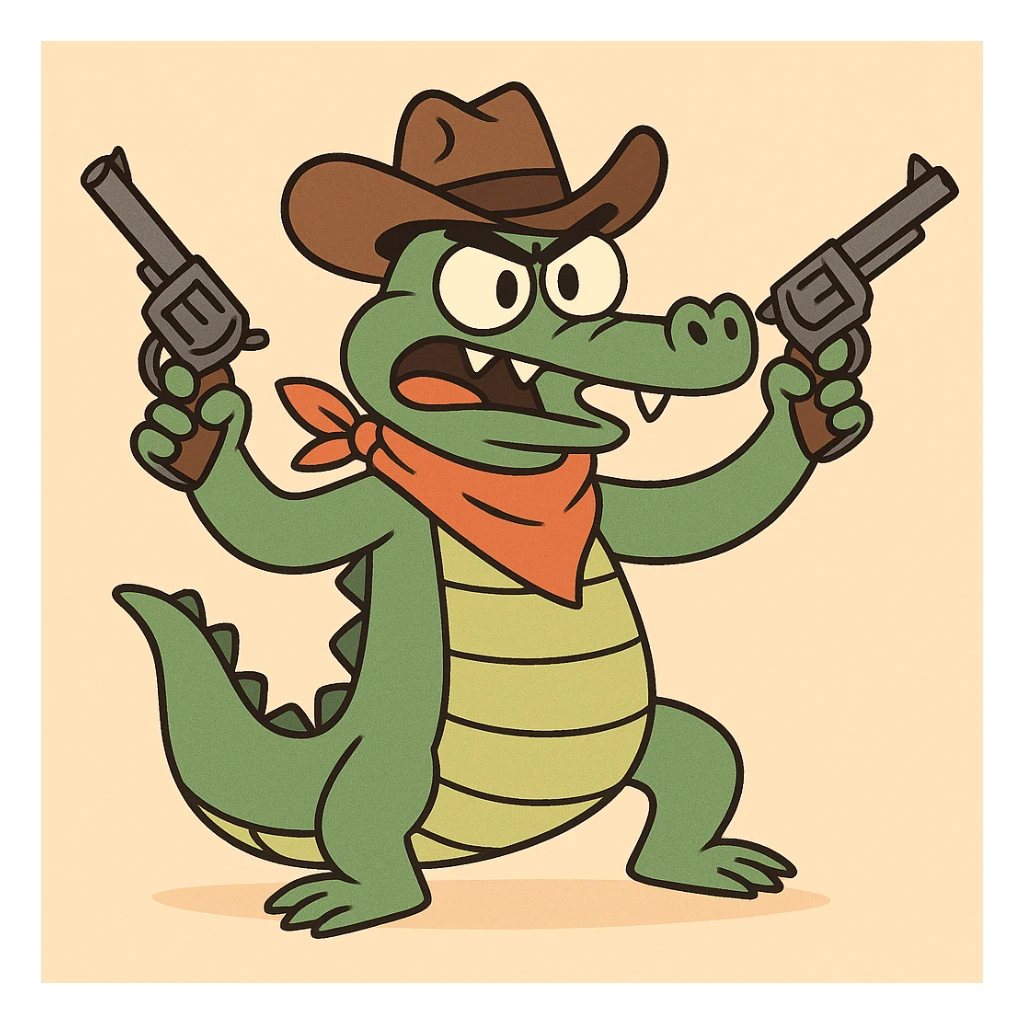 alligator in a cowboy hat, dual-wielding revolvers, playful cartoon style, fun and lively sticker