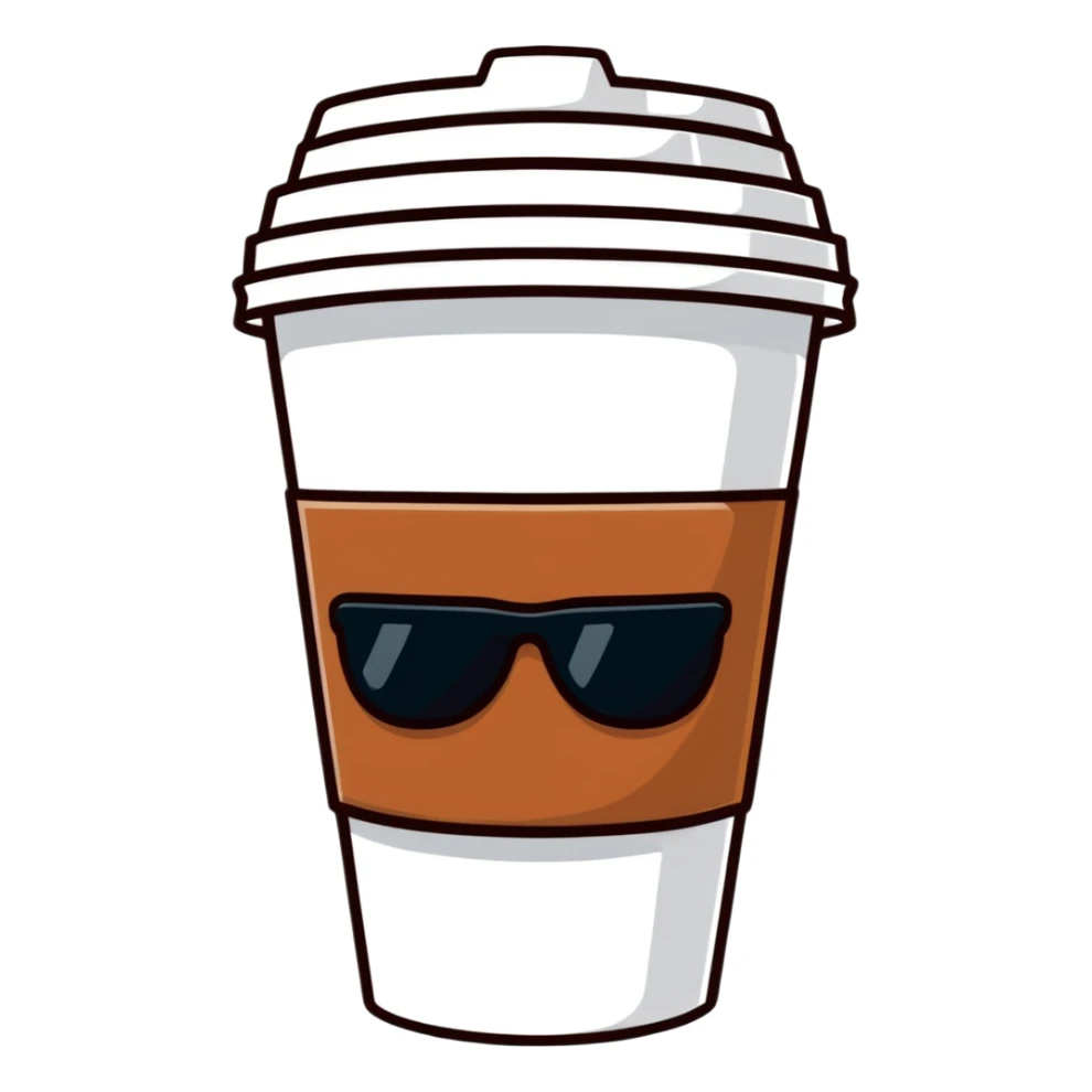 cartoonish sticker of a to-go coffee cup with sunglasses sticker
