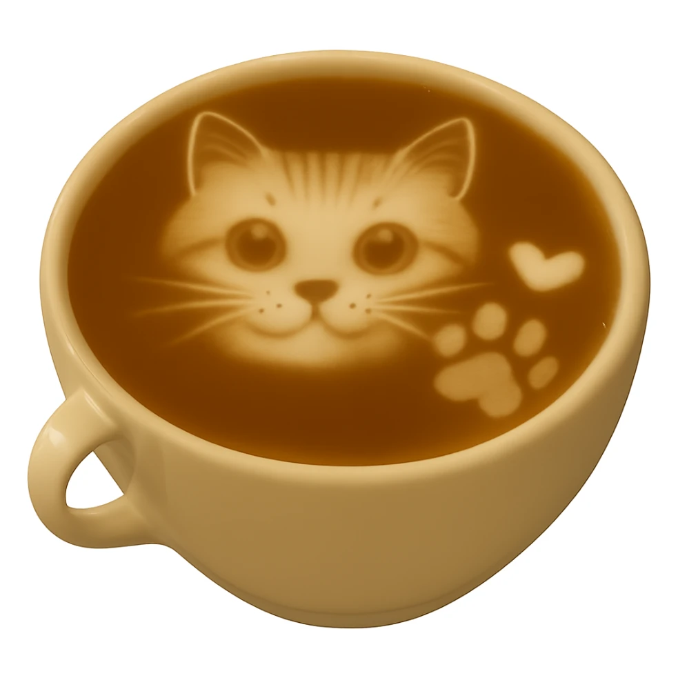 Replace the paw print in the latte art with a realistic dog paw print, keep the cat face and heart as they are. Maintain realistic texture and gentle lighting. Remove the background completely. sticker