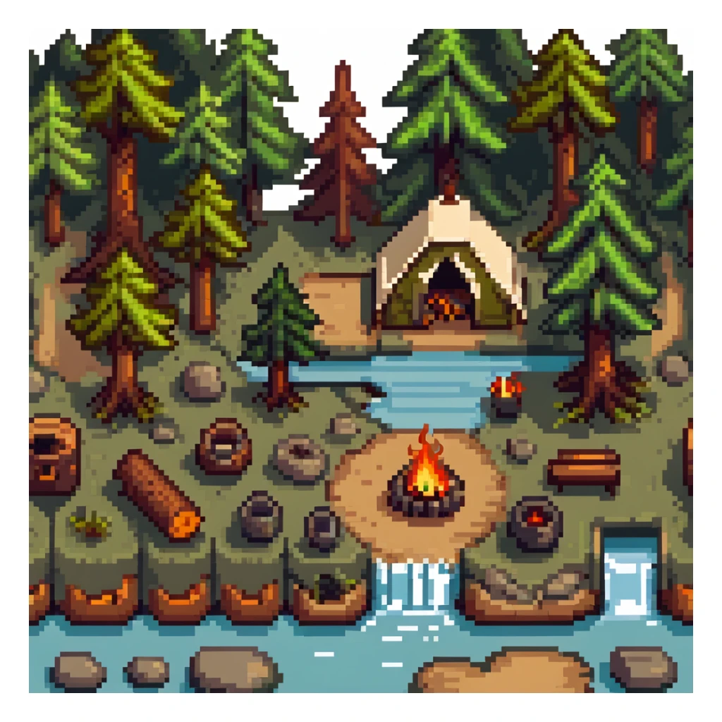 forest camping tile set with trees, tent, campfire, logs, river, rocks, and bushes sticker