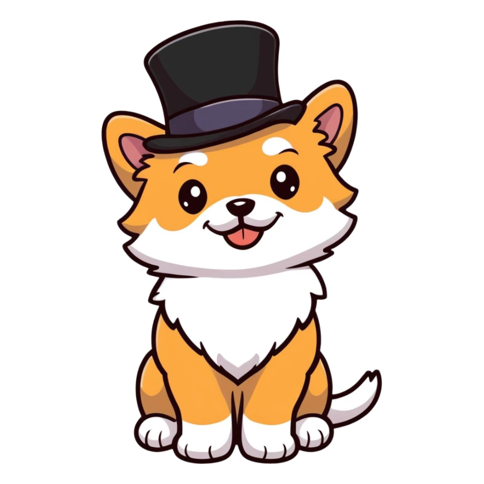 cute small dog with plain light tan fur, black nose, black round eyes, curly fluffy medium length hair, wearing a top hat sticker