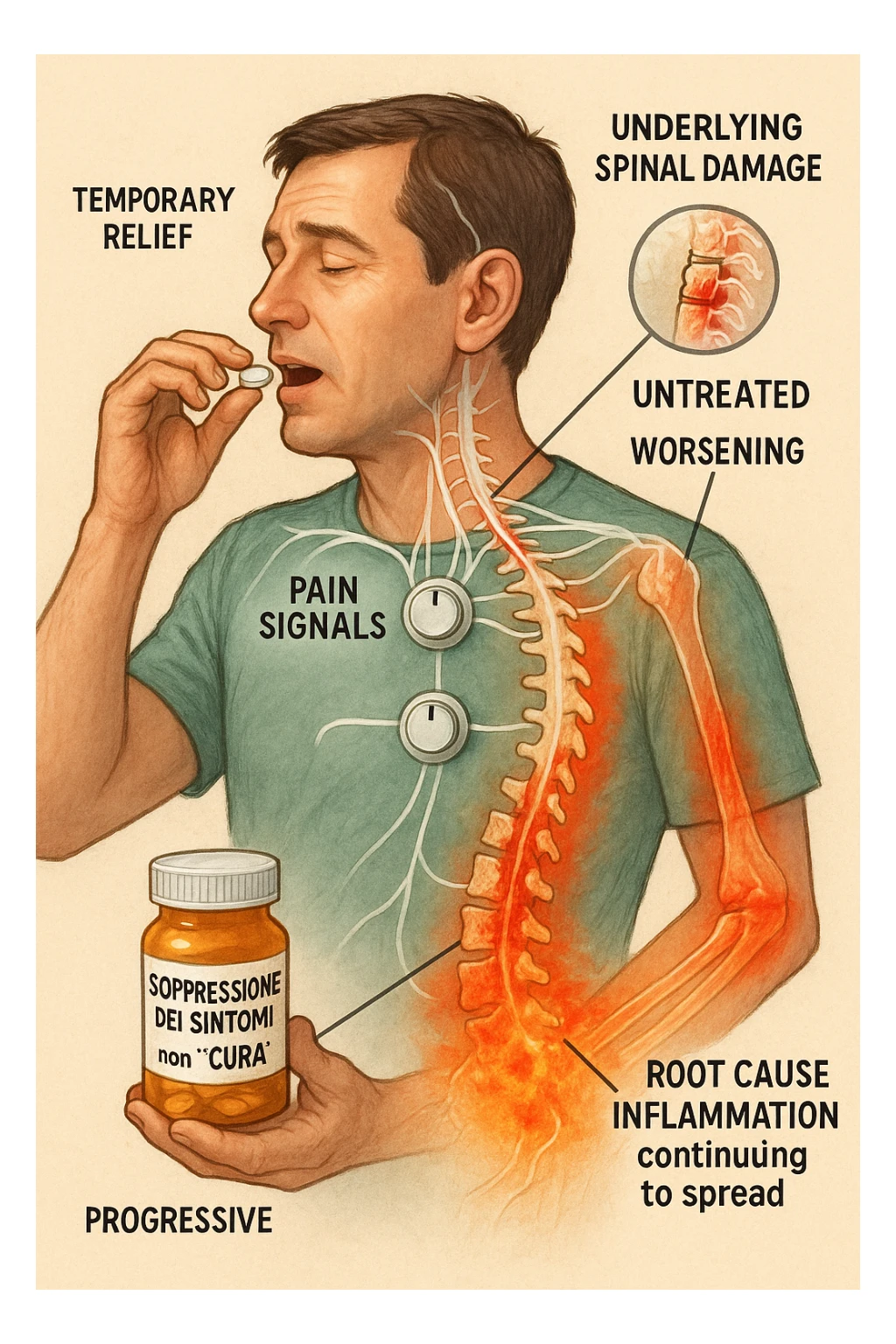 Man taking pain medication for chronic back pain, pills shown as dimmer switches turning down pain signals in transparent nervous system overlay, underlying spinal damage remaining completely untreated and worsening, expression of temporary relief masking progressive deterioration, medication bottle labeled 'symptom suppression' not 'cure', root cause inflammation continuing to spread in italiano sticker