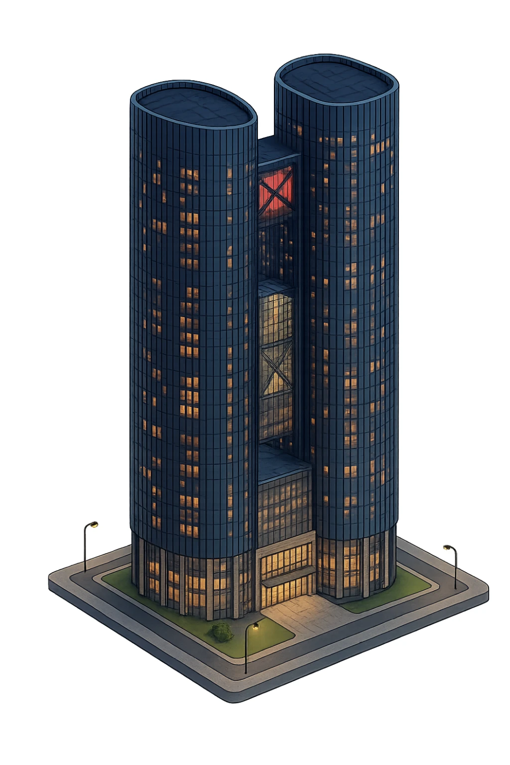 Изометричная, яркая, детализированная и фотореалистичная иллюстрация башня Moscow Towers в Москве чёткие линии, слегка мультяшная но объемная стилистика, прозрачный фон, не обрезать края картинки sticker