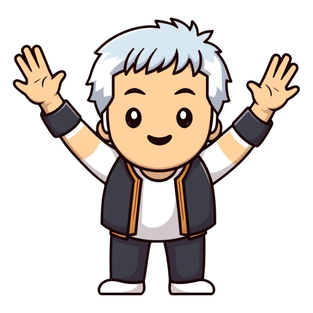 legendary film director with white hair, raising both hands dramatically, expressive face sticker