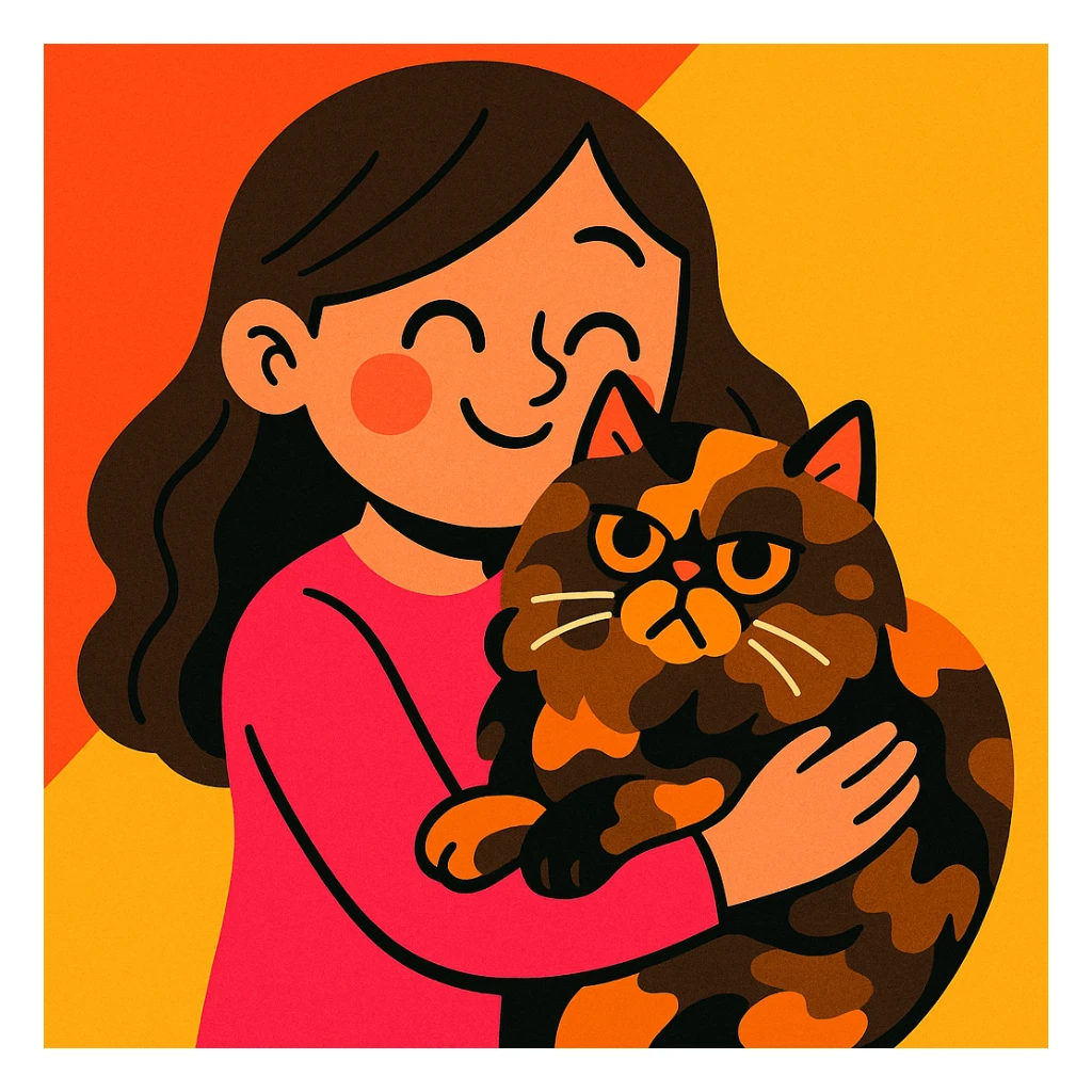 brunette girl holding a tortoiseshell Persian cat close, cartoon style, affectionate and soft sticker