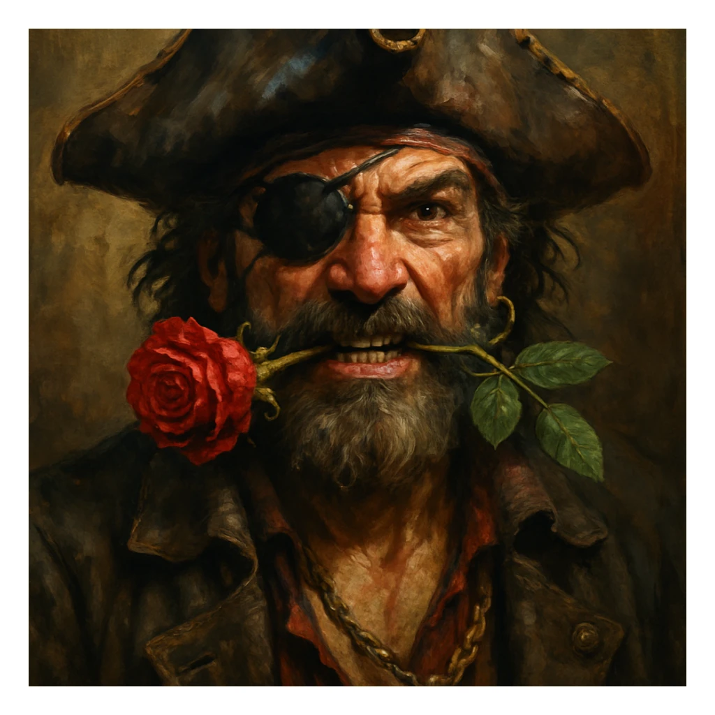 detailed, expressive pirate with an eye patch on his left eye and a rose between his teeth sticker