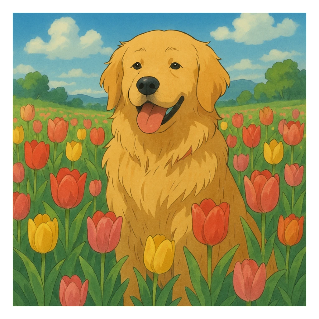 golden retriever surrounded by tulips in ghibli style sticker