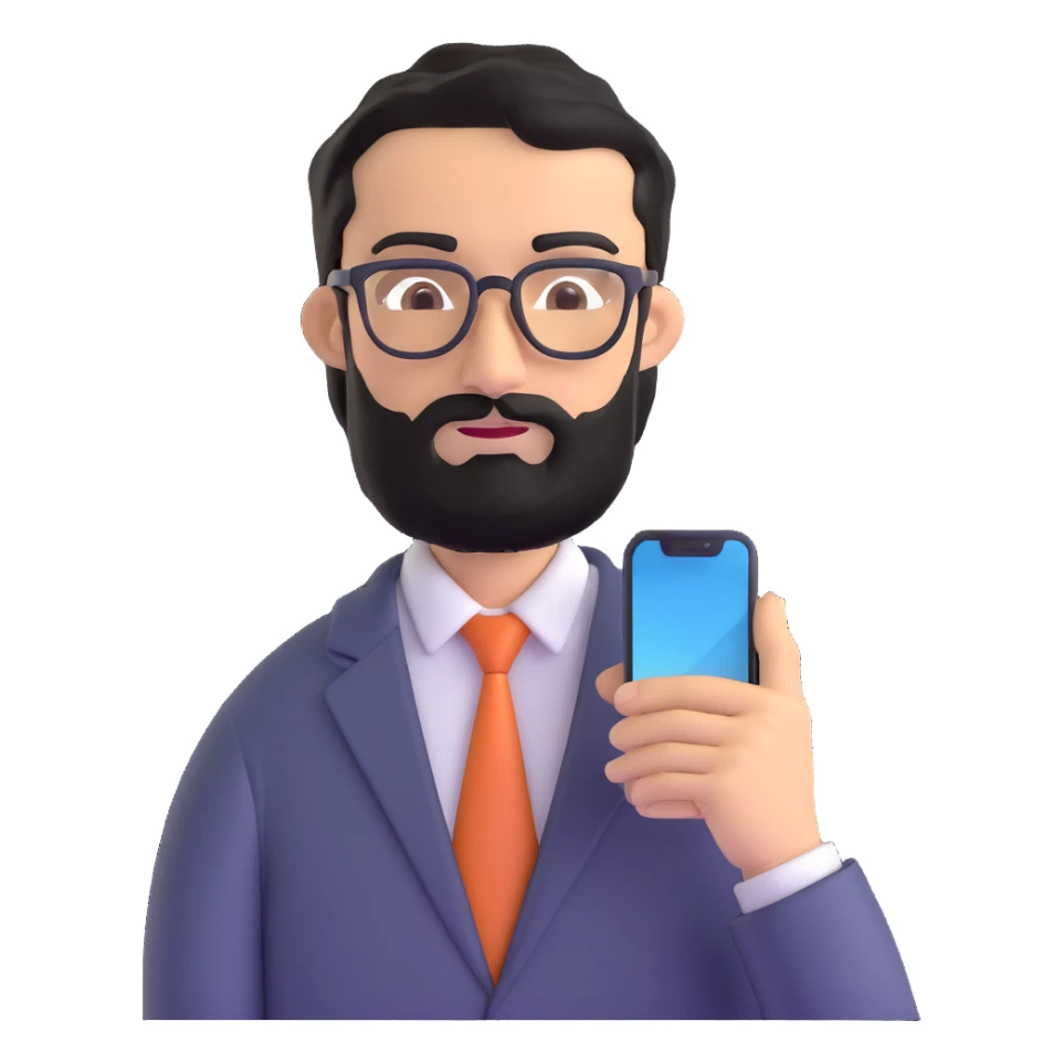 same professional man with medium black beard, neat black hair, connected unibrow, olive tan skin, brown eyes, glasses, prominent nose, in business casual attire, looking at mobile phone screen sticker