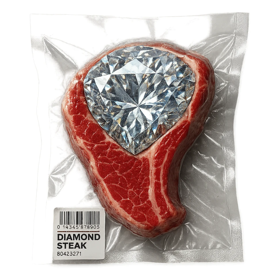 meat steak with sparkling diamond facets, glossy and puffy sticker